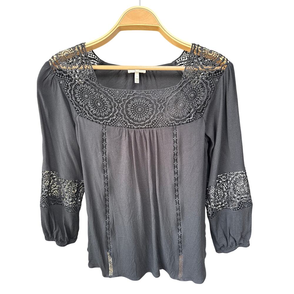 Joie Womens Small Black Rayon Crochet Lace Boho Peasant Blouse 3/4 Sleeve